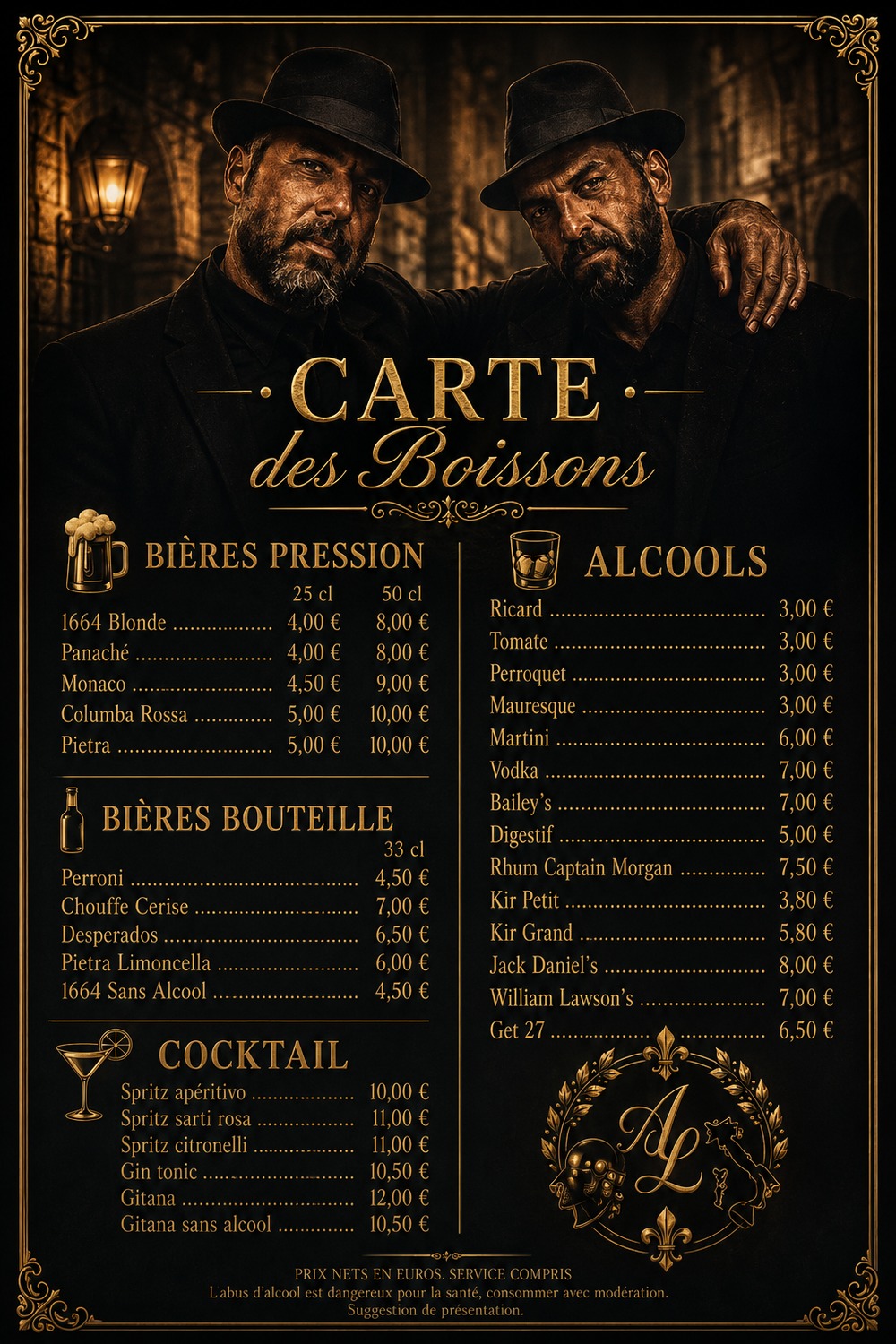 Carte des bières, cocktails et alcools du bar à Montchavin