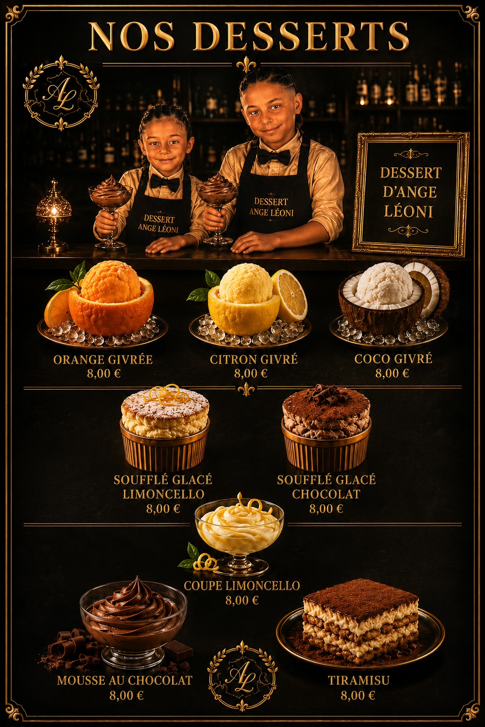Carte desserts des Flocons d’Ange Léoni, restaurant à Montchavin